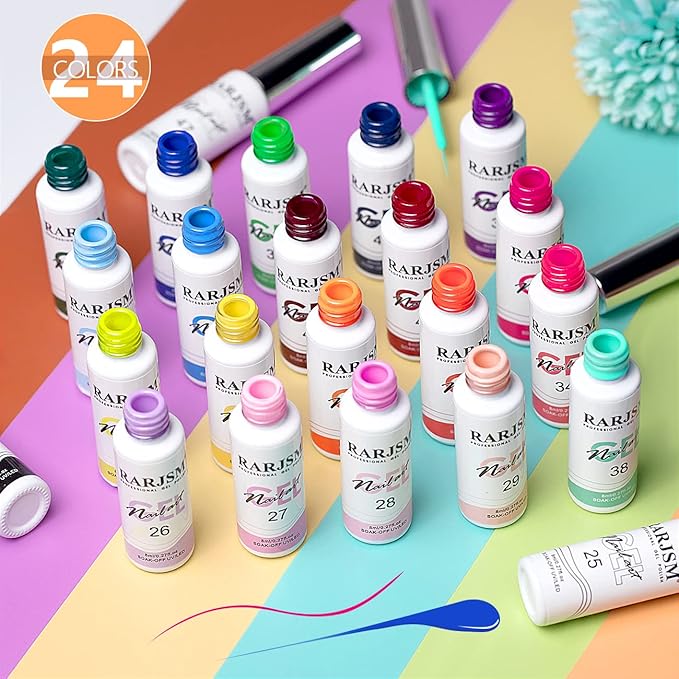 RARJSM Nail Art Gel Liner 24 Color Line Art Painted Gel Nail Polish Set Pink Blue Green Silver Gold Glitter for Nails Painting Drawing Soak Off U V L E D Curing Requires Bulid in Thin Nail Art Brush