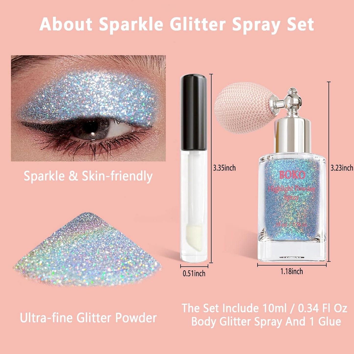 Boko Body Glitter Spray, Glitter Spray for Sparkling Body Face Hair Nail Clothes, Hair Glitter Spray Body Shimmer Powder for Highlighter Makeup Festival Party Concert Rave Accessories