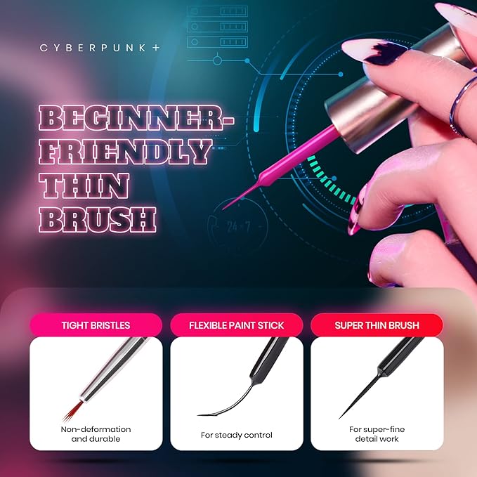 Beetles Gel Liner Nail Polish, 6 Colors Nail Art Paint for Swirl Nails Neon Blue Hot Pink Sliver Glitter Gel Polish Cyberpunk's Futurism Built Thin Nails Art Pens Brush