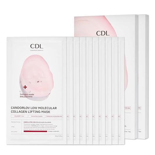 CDL Low Molecular Collagen Face Lifting Mask - Glowing, Firming & Deep Hydrating Korean Hydrogel Sheet Mask for Glass Skin Elasticity, Phyto PDRN Anti-Aging Skincare (10 Sheets)