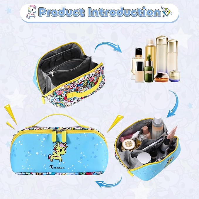 Tokidoki Makeup Bag for Women, Large Capacity Cosmetic Organizer & Toiletry Pouch with Handle, Official Licensed Unicorno Travel Cartoon Portable Makeup Case