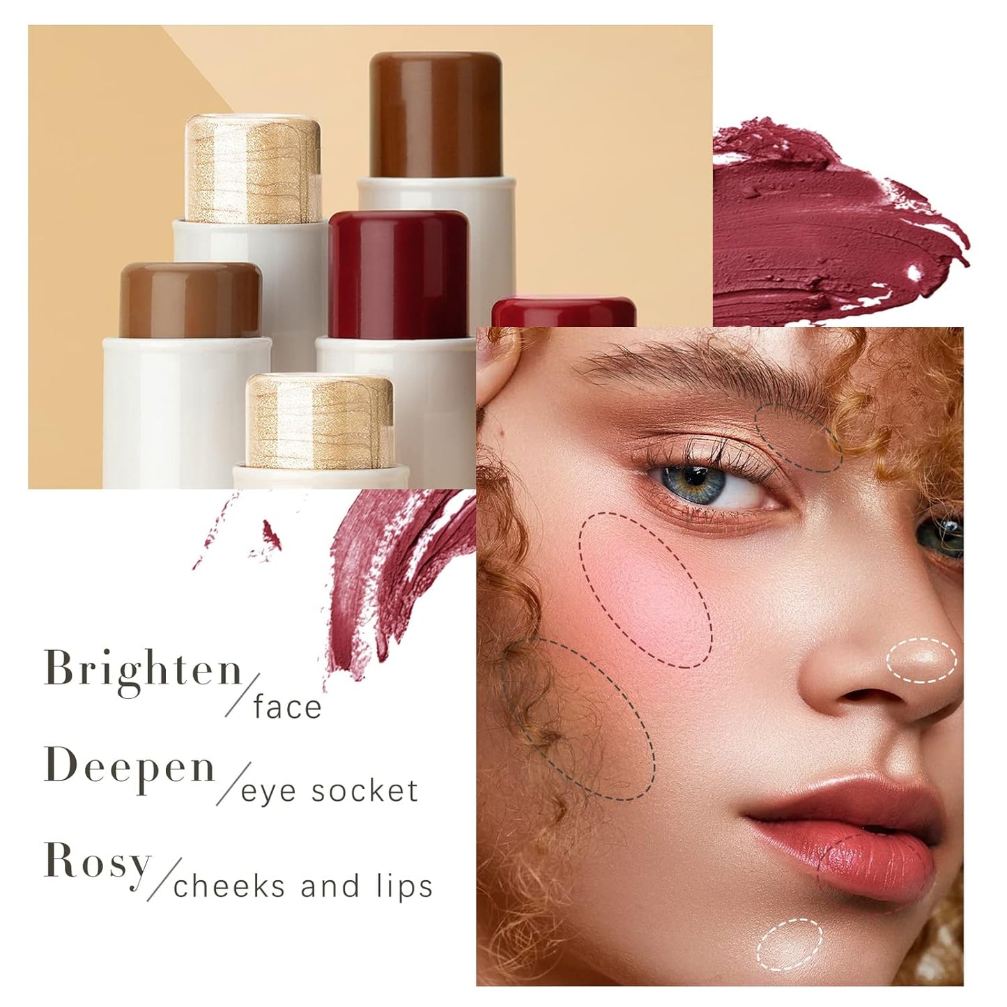 3 Colors Highlilghter Contour Blush Sticks Creamy Sticks for Cheeks, Eyes Cosmetics Stick Set, 3 in 1 Long Lasting Waterproof Moisturizer Makeup Sticks for All Skin