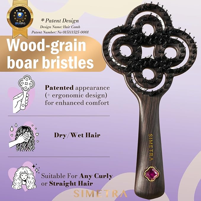 Simetra Detangler Hair Brush for Women and Men, Holiday Present - Original Detangling Brush for Curly Hair/Wet & Dry Hair, Natural Boar Bristles Hairbrush - Natural Crystal Inlay & 14K Gold Plating