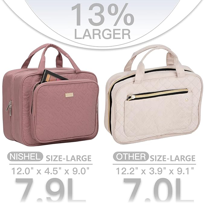 NISHEL Travel Toiletry Bag for Women, Makeup Essentials Organizer, Hanging Case for Accessories, Cosmetics, Large Size, Rosewood-Pink