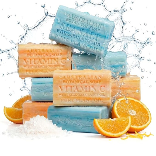 Australian Botanical Soap Variety Pack Includes 4 Valencia Orange and 4 Sea Salt Soap for Face, Hands and Body, Enriched with Shea Butter, Ocean Minerals and Vitamin C