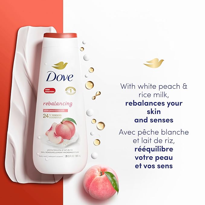 Dove Body Wash Rebalancing White Peach & Rice Milk, 4 Count for Renewed, Healthy Looking Skin, Moisturizing Gentle Skin Cleanser with 24hr Renewing MicroMoisture, 20 oz