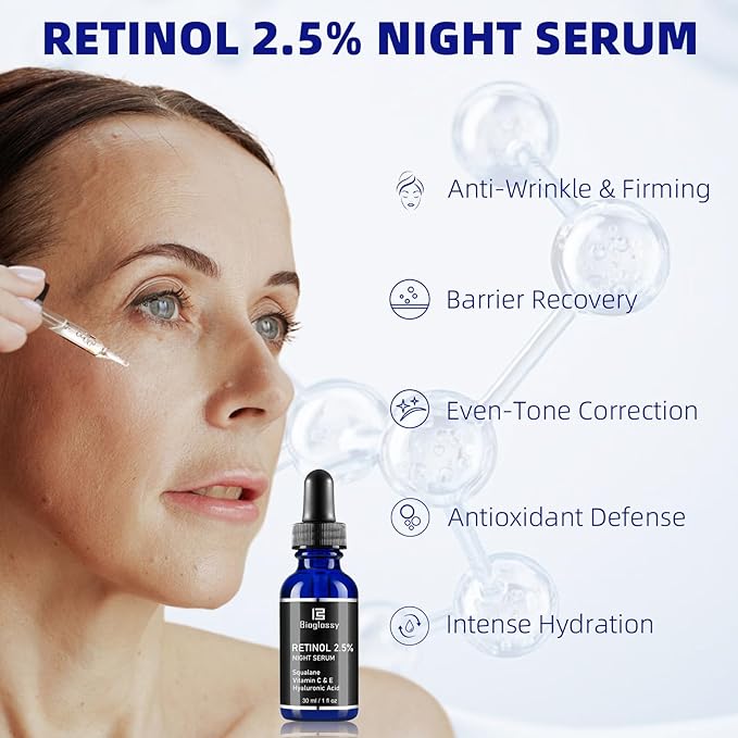Retinol Serum for Face, 2.5% Retinol Intense Night Serum with Squalane,Vitamin C & E & B3,Hyaluronic Acid for Lines, Wrinkles & Premature Sun Damage to Resurface & Hydrate 30 ml/ 1 Fl oz