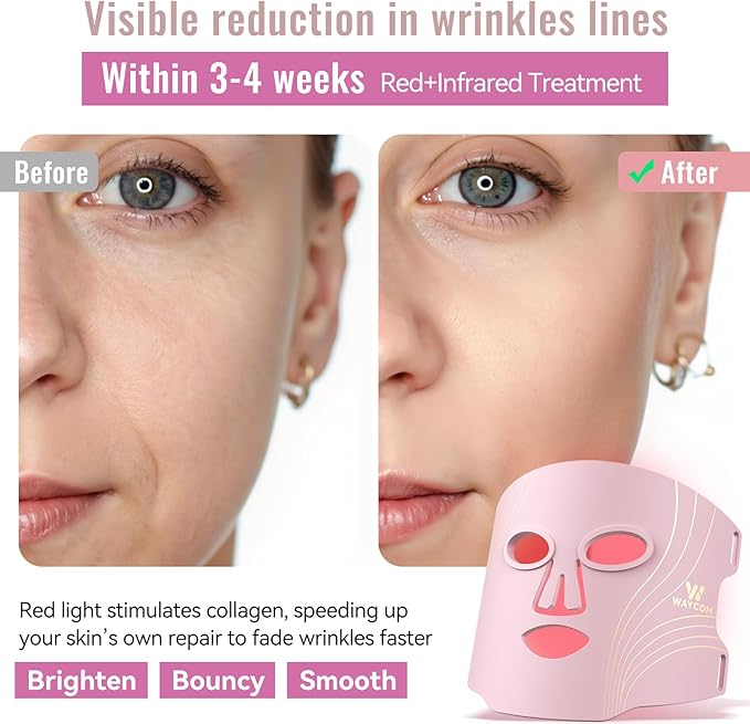 WAYCOM Red Light Therapy for Face: FDA-Cleared 4-Modes Portable LED Light Therapy Mask for Skincare- 400 LEDs Infrared & Red Light Mask at Home Travel with Timing Function Remote & Eye Protection