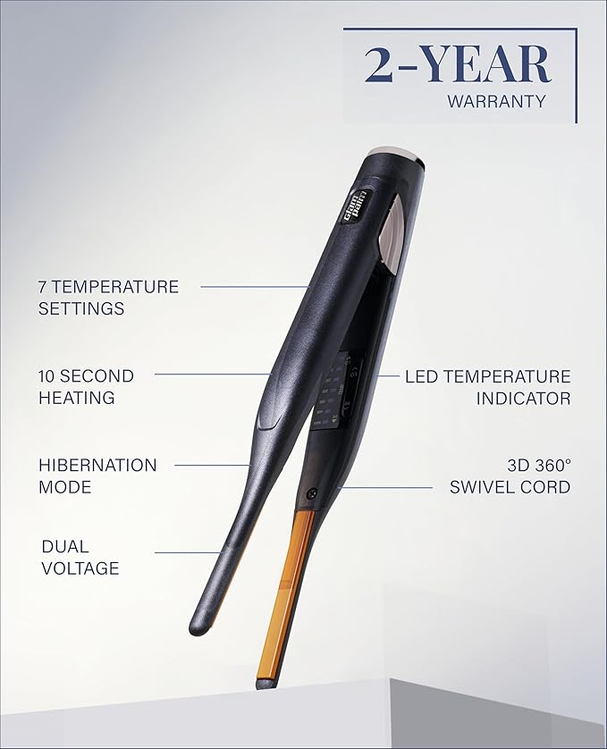 GLAMPALM Stiletto Hair Straightener 0.3" Pencil Ceramic flat iron Infused with Vita C, Korea's No.1 Professional Salon Tool for Short Hair, Dual Voltage, 7 Heat Setting(150°–450°), 10s Heat-Up (GP141)