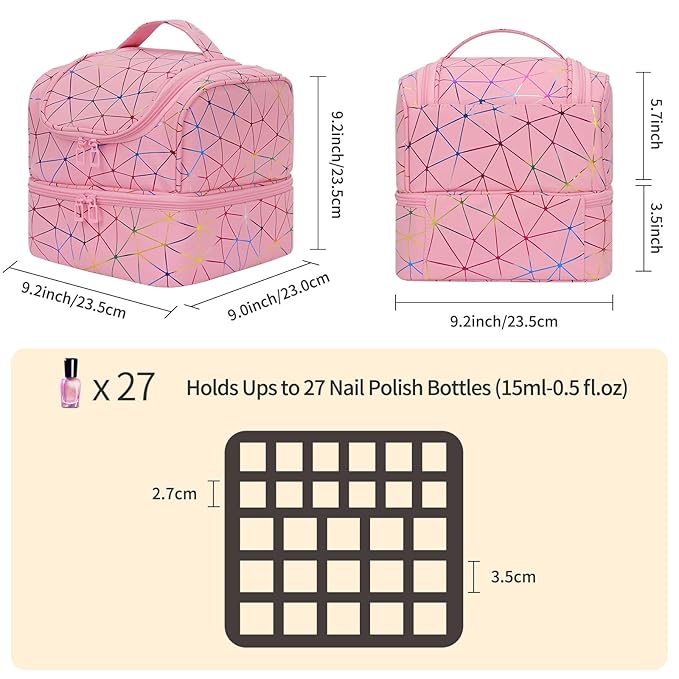 CUBETASTIC Nail Polish Organizer Bag, Double Layer Nail Tech Travel Case Holds 27 Bottles & Nail Lamp, Pink Nail Storage Organizer Box for Supplies, Portable Manicure Case