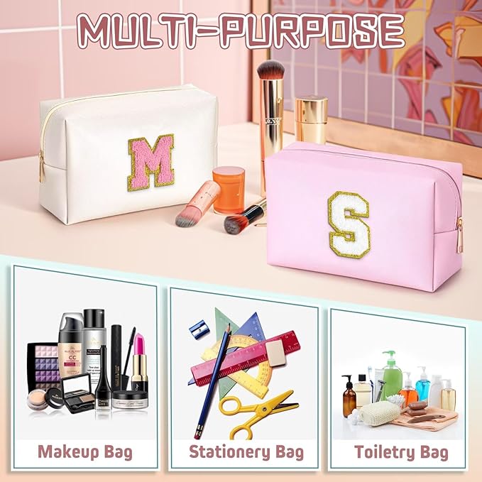 TOPEAST Personalized Makeup Bag, Chenille Letter Pouch Cosmetic Bag w Zipper, PU Leather Waterproof Toiletry Bag, Bridal Shower Gifts for Bridesmaids, Cute Stuff for Girls (Pearly White P)