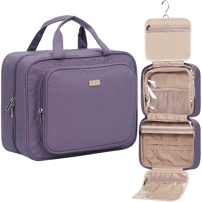 NISHEL Travel Toiletry Bag for Women, Makeup Essentials Organizer, Hanging Case for Accessories, Cosmetics, Large Size, Purple