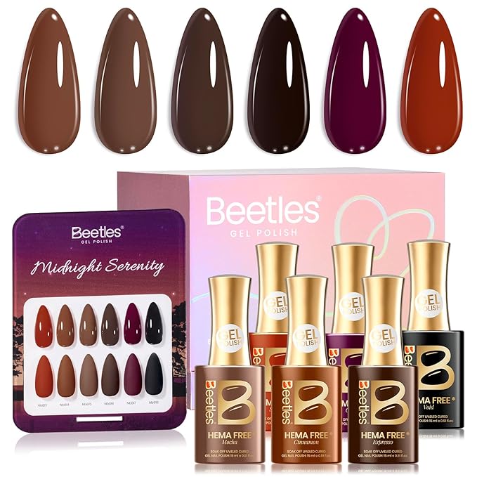 beetles Brown Gel Polish Set - Midnight Serenity HEMA-Free Gel Polish Set, 6 Colors 15ml Mocha Brown Wine Plum Shades, Salon-Quality Long Lasting Soak Off UV LED Nail Gel with Swatch Card
