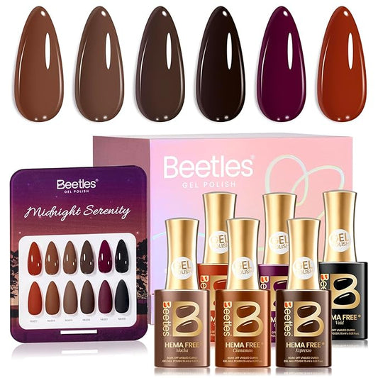 beetles Brown Gel Polish Set - Midnight Serenity HEMA-Free Gel Polish Set, 6 Colors 15ml Mocha Brown Wine Plum Shades, Salon-Quality Long Lasting Soak Off UV LED Nail Gel with Swatch Card