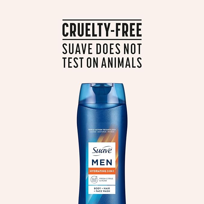 Suave Men Hydrating 3-in-1 Body + Hair + Face Wash with Glycerin & Vitamin E, Cleanse, Moisturize, Refresh, No Parabens or Pthalatates, Long-Lasting Fragrance, 18 FL OZ, 6 Count