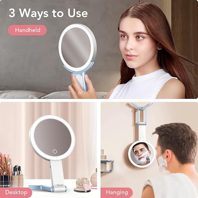 LitBear Travel Makeup Mirror with Lights, Rechargeable Double-Sided 10X/1X Magnifying Mirror, Portable Lighted Beauty Mirrors, 3 Color Lighting, Dimmable Touch Screen, Tabletop Handhold Hanging (Blue)