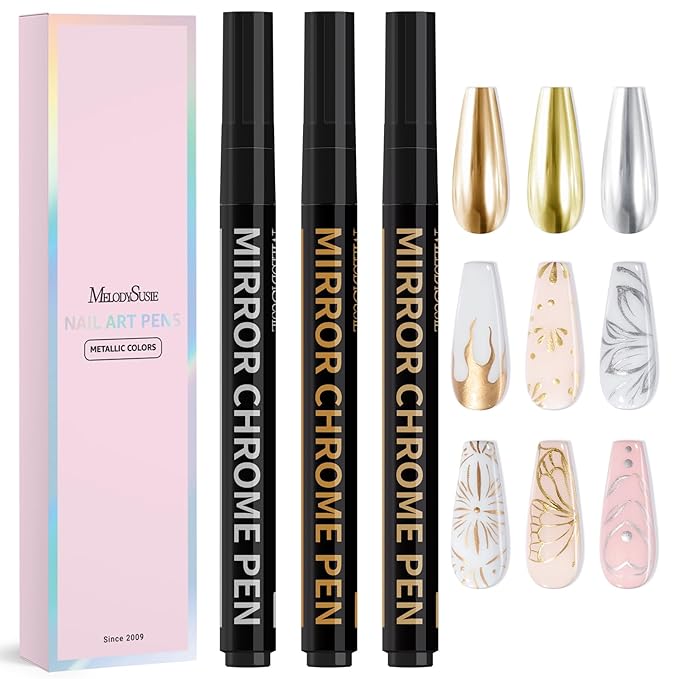 MelodySusie Nail Art Pens Set, 3PCS 0.7MM Chrome Metallic Colors Nail Polish Pens for Nail Art, Nail Dotting Tool, Drawing Pen for Nail Design, Manicure Nail Pens for Salon and Home DIY