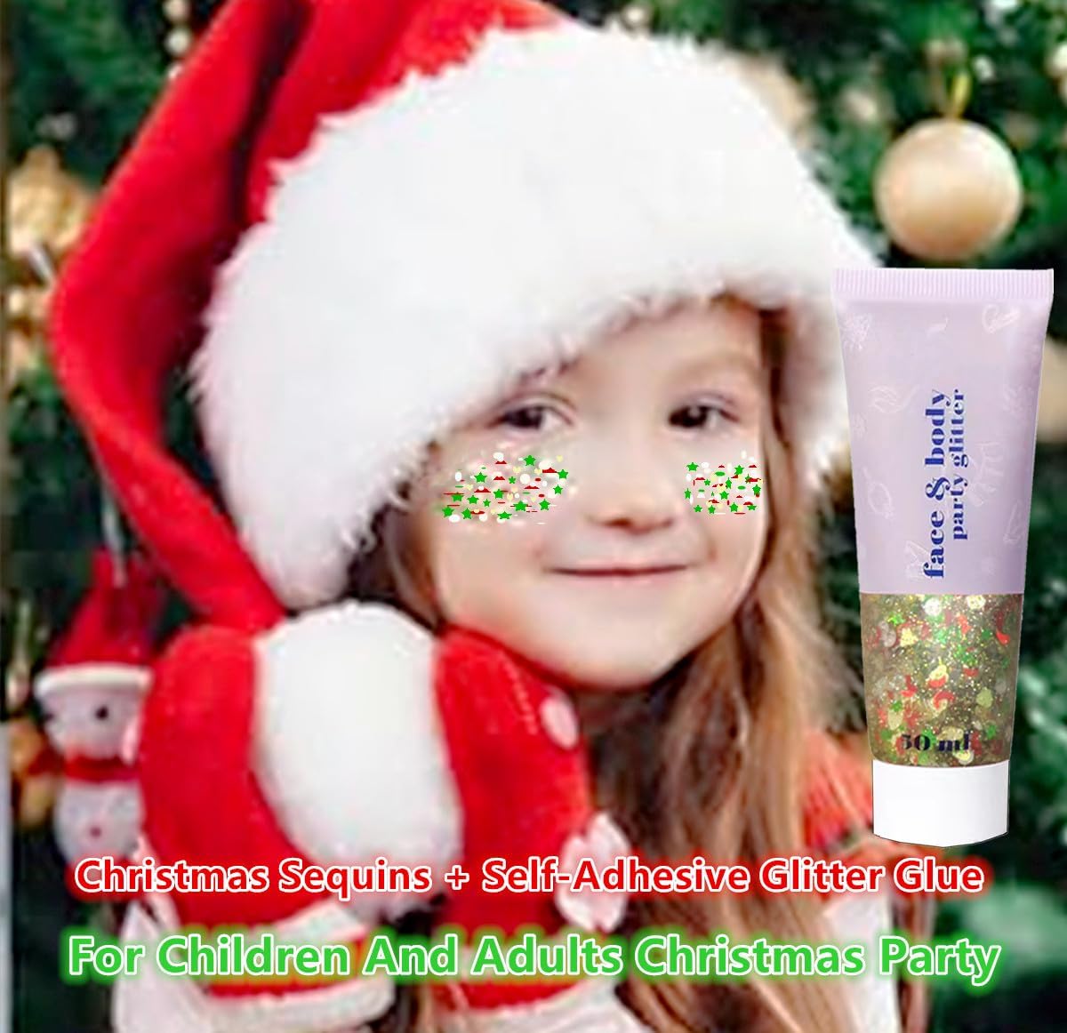 Go Ho Christmas Body Hair Face Glitter Gel,Christmas Glitters Face Paint,Holographic Colorful Sequins Chunky Reflective Face Glitter Makeup,Festival Rave Outfits for Women