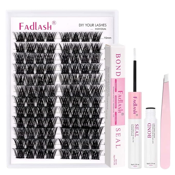 FADLASH Eyelash Extension Kit Lash Clusters Mix Tray Thin Band DIY Lash Extension Kit with Lash Bond and Seal Lash Tweezers Eyelash Applicator Tool Individual Lashes(F2-0.07D-15-20mm Kit)