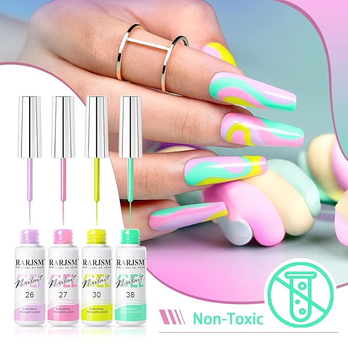 RARJSM Nail Art Gel Liner 24 Color Line Art Painted Gel Nail Polish Set Pink Blue Green Silver Gold Glitter for Nails Painting Drawing Soak Off U V L E D Curing Requires Bulid in Thin Nail Art Brush