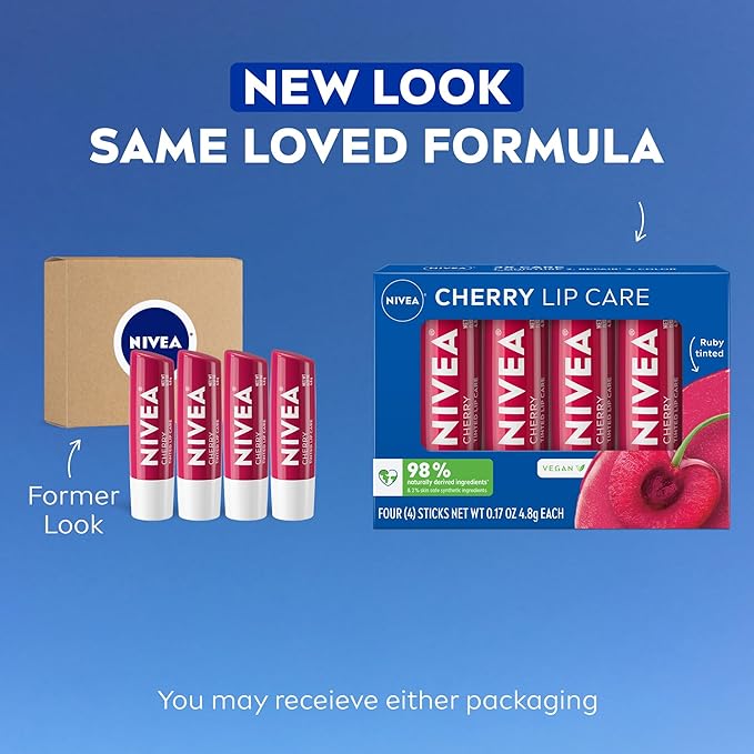NIVEA Cherry Lip Care, Ruby Tinted Lip Balm Pack with Shea Butter, Nourishing Oils and Vitamin C & E, 3-in-1 Moisture, Repair and Color, 0.17 Oz Stick, Pack of 4