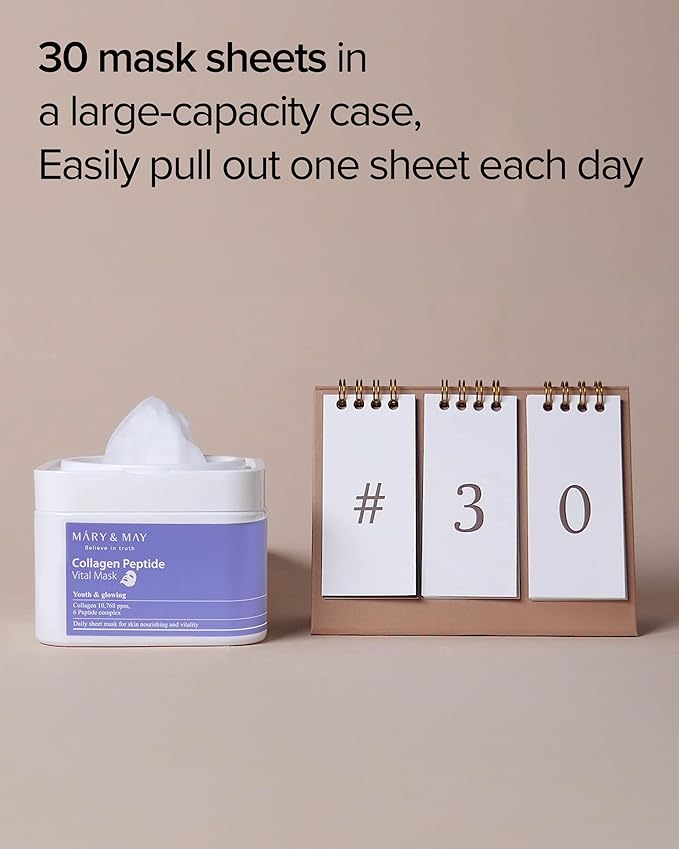 Mary&May Collagen Peptide Vital Mask (30 Sheets) – Pull-Out Case with Hydrolyzed Collagen & 6 Peptides, Firming & Fine Line Appearance Care, Hydrating Korean Sheet Mask for Mature Skin