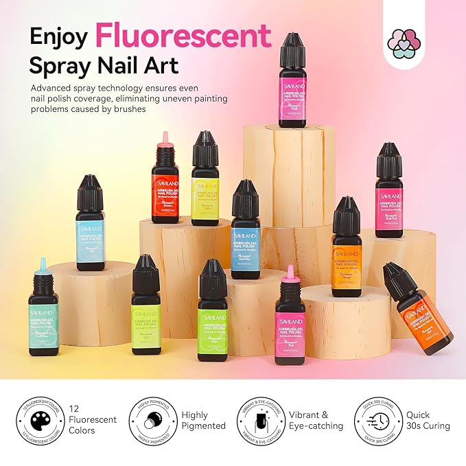 SAVILAND Airbrush Gel Nail Polish Hema-Free: Dilution-Free Fluorescent Airbrush Shine All Night Long,12 Colors Non-Acetone Glows in The Dark for Nails French Manicure DIY Salon & Party & Bar Social