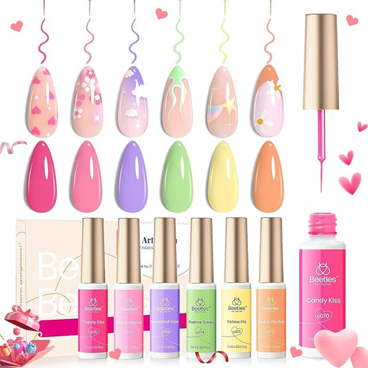 Beetles Pastel Gel Liner Nail Polish Set 6 Colors Spring Art French Line Swirl Gel Polish Pink Yellow Green Purple Orange Swirl Built Thin Nail Art Brush Soak Off Uv Lamp Manicure Gifts for Women
