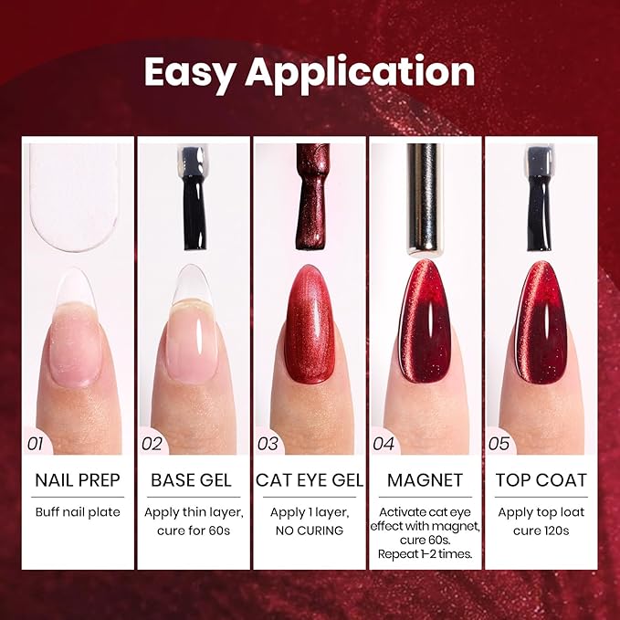 Beetles Cat Eye Gel Nail Polish Set - 6 Colors 15ML Glitter Gel Polish Kit Red Pink Brown Burgundy Purple Blue Green Magnetic Stunning Effect Soak Off UV Nail Art DIY Home Manicure Gift for Women