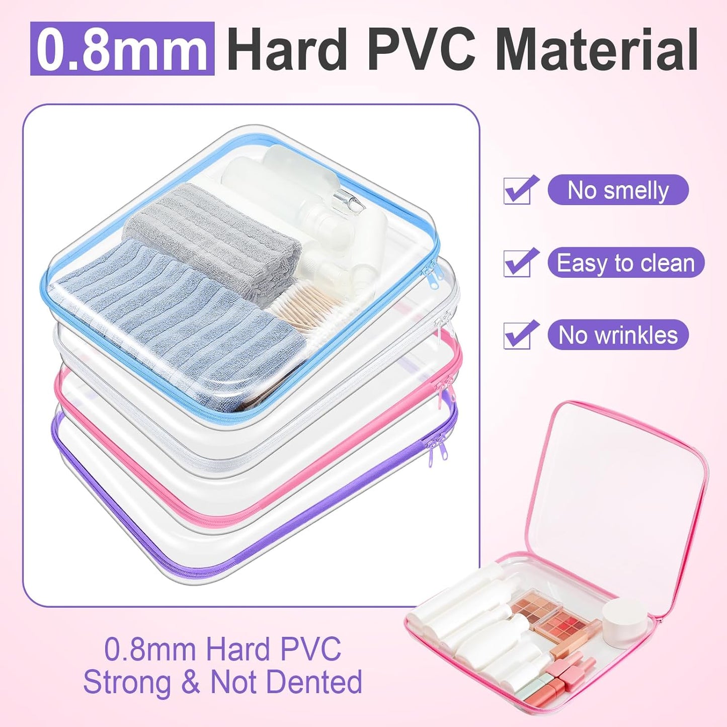 Hoolerry 4 Pcs Hard Clear Zipper Case Makeup Bags Plastic Pencil Pouch Transparent Storage Box Containers for Cosmetics, Snacks, Building Blocks, Puzzles(Multicolor,13.8 x 11.8 x 2 in)