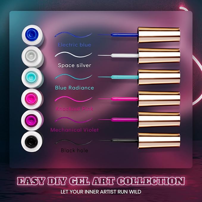 Beetles Gel Liner Nail Polish, 6 Colors Nail Art Paint for Swirl Nails Neon Blue Hot Pink Sliver Glitter Gel Polish Cyberpunk's Futurism Built Thin Nails Art Pens Brush