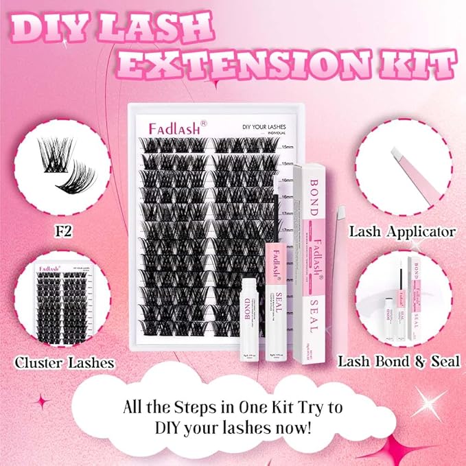 FADLASH Eyelash Extension Kit Lash Clusters Mix Tray Thin Band DIY Lash Extension Kit with Lash Bond and Seal Lash Tweezers Eyelash Applicator Tool Individual Lashes(F2-0.07D-15-20mm Kit)