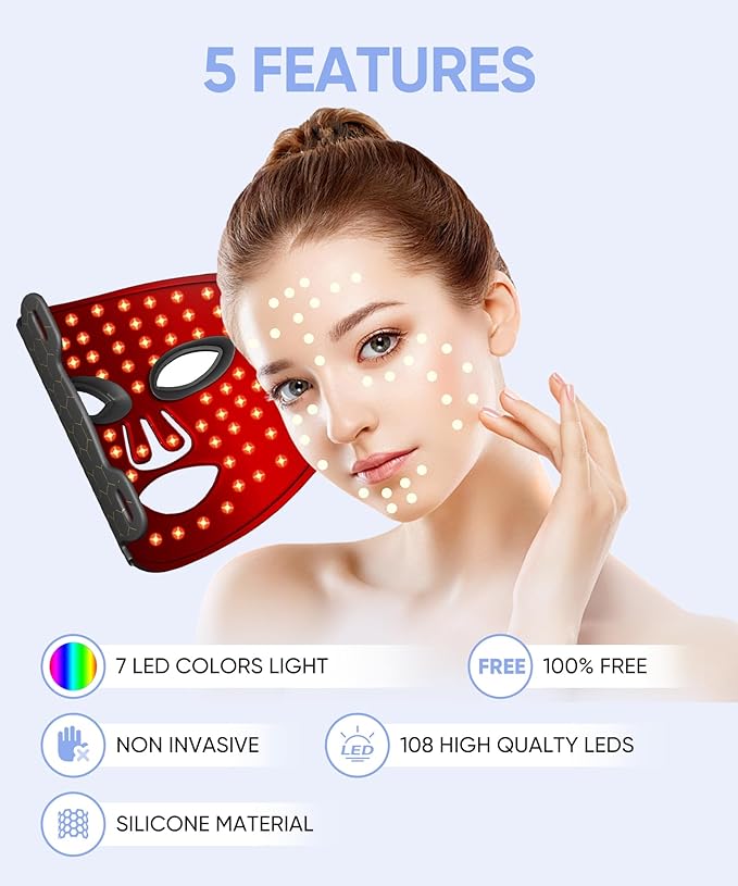 7 Mode Red Light Therapy Mask for Face, FDA-Cleared Portable LED Face Mask with Remote for Wrinkles, Acne & Skin Tone at Home, Near-Infrared 850nm Red Light Therapy Mask, Black
