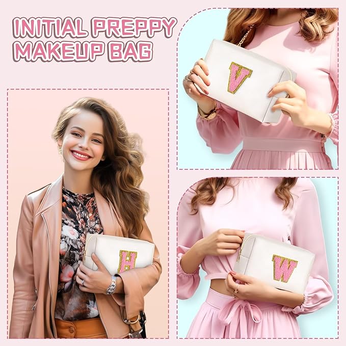 TOPEAST Personalized Makeup Bag, Chenille Letter Pouch Cosmetic Bag w Zipper, PU Leather Waterproof Toiletry Bag, Bridal Shower Gifts for Bridesmaids, Cute Stuff for Girls (Pearly White P)