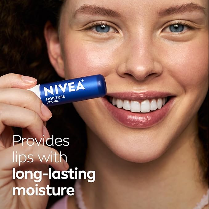 NIVEA Moisture Lip Care, Hydrating Lip Balm with Shea Butter, Nourishing Oils and Vitamin C & E, 3-in-1 Moisture, Repair and Nourish, Holiday Gifts for Self Care, 0.17 Oz Stick, Pack of 4