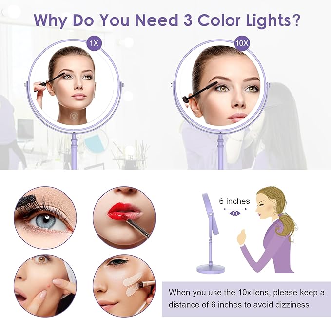 Lighted Makeup Mirror, 3000 mAh Rechargeable Double Sided Magnifying Vanity Mirror with 3 Colors, 1x/10x, 360° Rotation , Brightness Adjustable Magnification Cosmetic Light up Mirror, Women Gift
