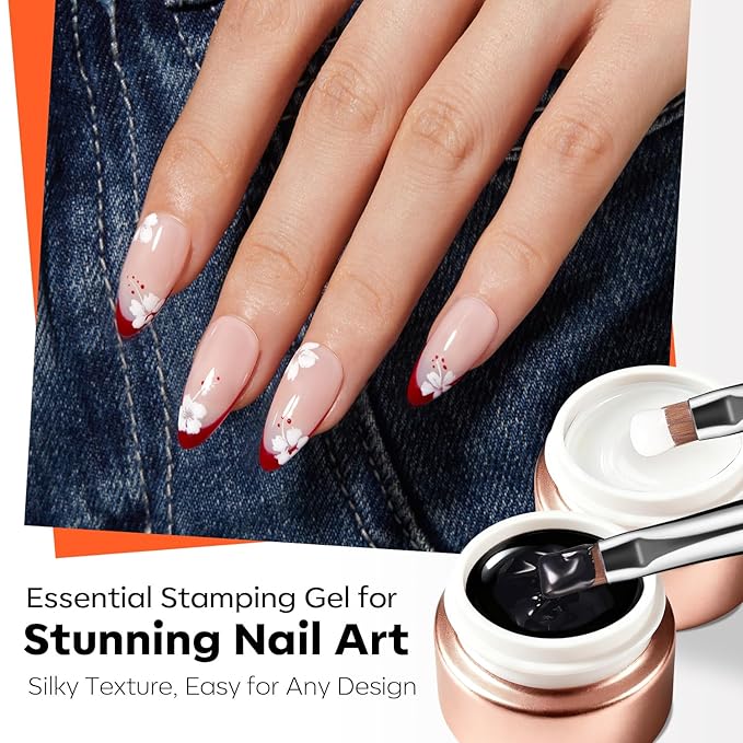 modelones 16 PCS Gel Nail Stamping Plate Set, French Tip Tool Gold Silver Pearl Chrome Powder Proof Matte Top Coat White Black Painting Gel Polish Double Head Nail Art Brush DIY Manicure Gift Kit