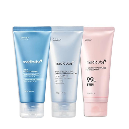 medicube Cleansing Texture Trio: Zero Foam and Zero Pore Clear Blue Capsule Facial Deep Cleanser and PDRN Marshmallow Whip Cleanser | Korean Skincare, Skincare Sets, Cleanser Gift Set
