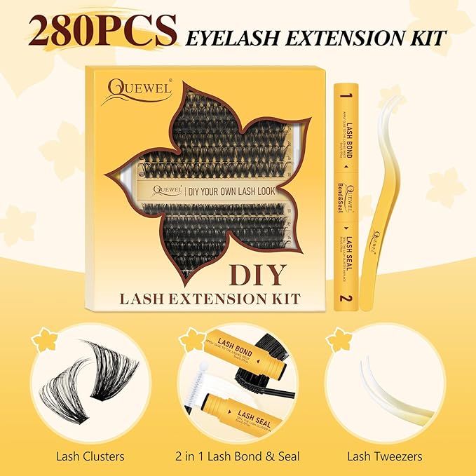 QUEWEL Lash Clusters Kit, 280Pcs 70D+90D Lash Cluster Eyelash Extensions Mix 10-18mm 3D Eyelash Clusters with Lash Bond and Seal and Lash Tweezers Easily Create 3D Lashes Clusters at Home(70D+90D Kit)