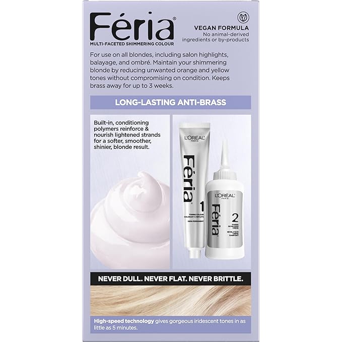 L'Oreal Paris Feria Long-Lasting Anti Brass Power Hair Toner, Ammonia Free Demi Permanent Hair Color, Pearl Blonde Hair Toner, 1 Application