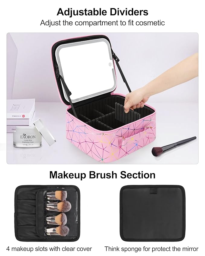 Relavel Travel Makeup Bag with LED Mirror, Portable Cosmetic Train Case with 3 Color Lighted Brightness Mirror, Makeup Artist Organizer Storage with Adjustable Dividers Make Up Box - Pink Strip