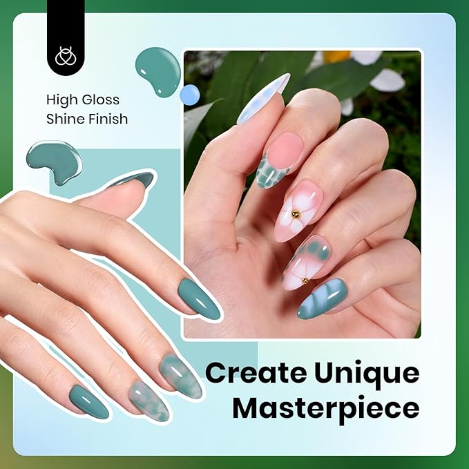 Beetles Gel Nail Polish Set, 6 Colors 15ML Green Gel Nail Polish Kit Nails Misty Gray Dark Green Baby Blue Full Size Nail Gel Polish Soak Off UV Lamp DIY Manicure Salon Gifts for Women
