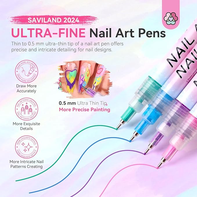 SAVILAND Nail Art Pens Set: 12 Colors 0.5MM 3D Nail Polish Pens Quick Drying Acrylic Paint Nail Art Markers Nail Point Graffiti Dotting Tools Drawing Painting Liner Nail Art Design Pens Home DIY