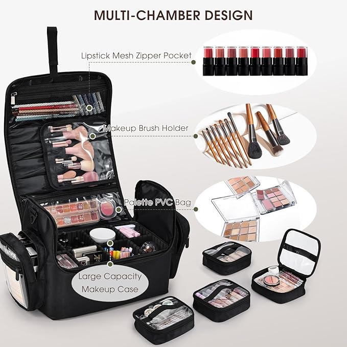 Makeup Train Case 18.1 Inch Large Travel Makeup Organizer Case Portable Makeup Arists Bag with Shoulder Strap Makeup Brush Slots 4 Clear Pouch for Cosmetologist Aesthetic Supplies Nail Tech Makeup Bag