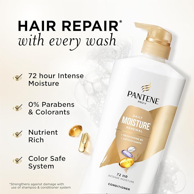 Pantene Conditioner, Daily Moisture Renewal - Pro-V Nutrients for Dry, Color-Treated, Straight to Curly Hair, 72-Hour Hydration & Softness, Paraben Free, Cleanses, Strengthens Bonds, 25.1 Fl Oz