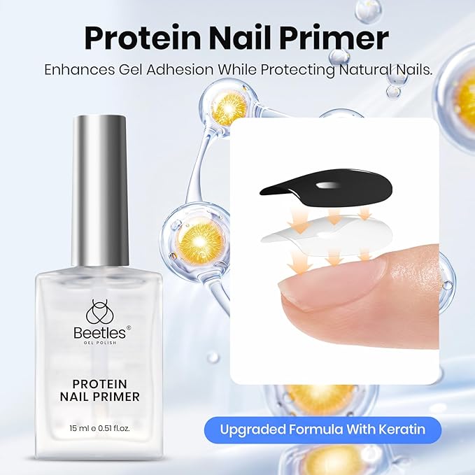 Beetles Gel Base and Top Coat Set with Protein Nail Dehydrator and Primer, 4 Pcs 15ml Extra Glossy Top Coat and Base Acid-Free & HEMA-Free Nail Prep Bond Primer for Acrylic & Gel Polish Gifts