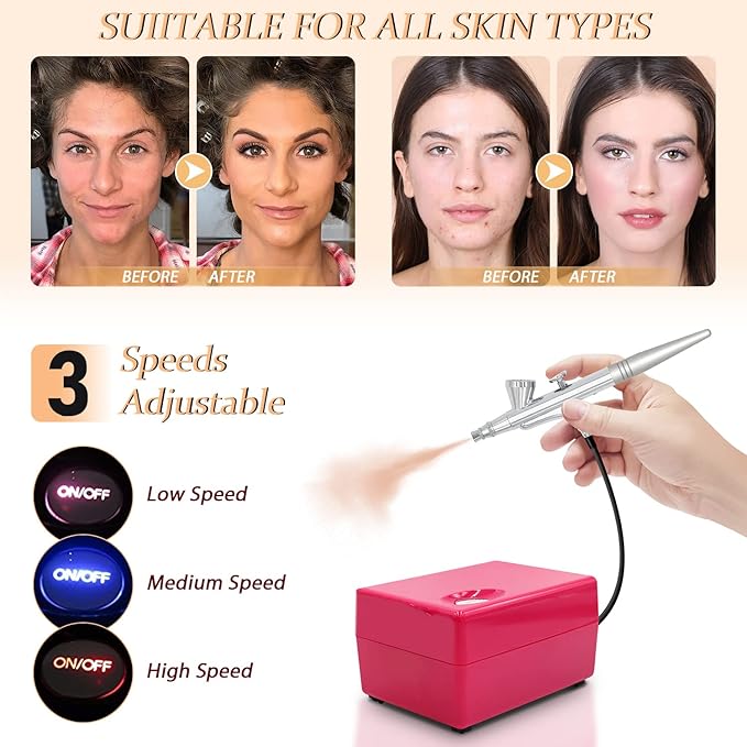 Airbrush Makeup Set Pinkiou Air Brush Kit for Face Paint with Mini Compressor 0.4mm Needle and Nozzle Nail Body Paint SP16 (RED)