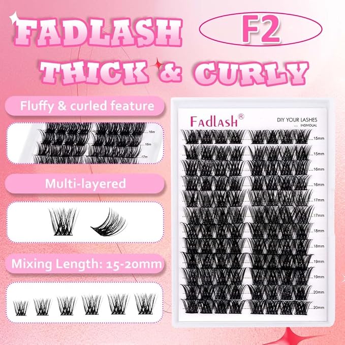 FADLASH Eyelash Extension Kit Lash Clusters Mix Tray Thin Band DIY Lash Extension Kit with Lash Bond and Seal Lash Tweezers Eyelash Applicator Tool Individual Lashes(F2-0.07D-15-20mm Kit)
