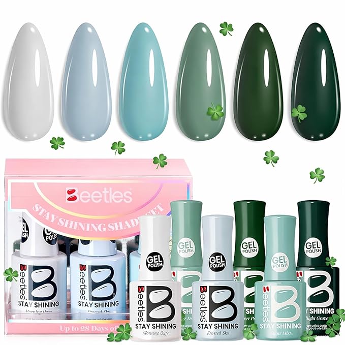 beetles Green Gel Polish Set - Stay Shining Urban Oasis Shades, 6 Colors Dark Green Blue Grey Colors Polish Soak Off Uv Gel Polish DIY Salon-Quality at Home Gift for Women