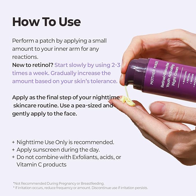 MOTHER MADE Retinol Bakuchiol Night Cream, 1 Fl Oz, Korean Retinal Face Cream to Firm Skin, Reduce Wrinkles, Fine Lines, Signs of Aging, Antiaging, Smoothing, Korean Skincare